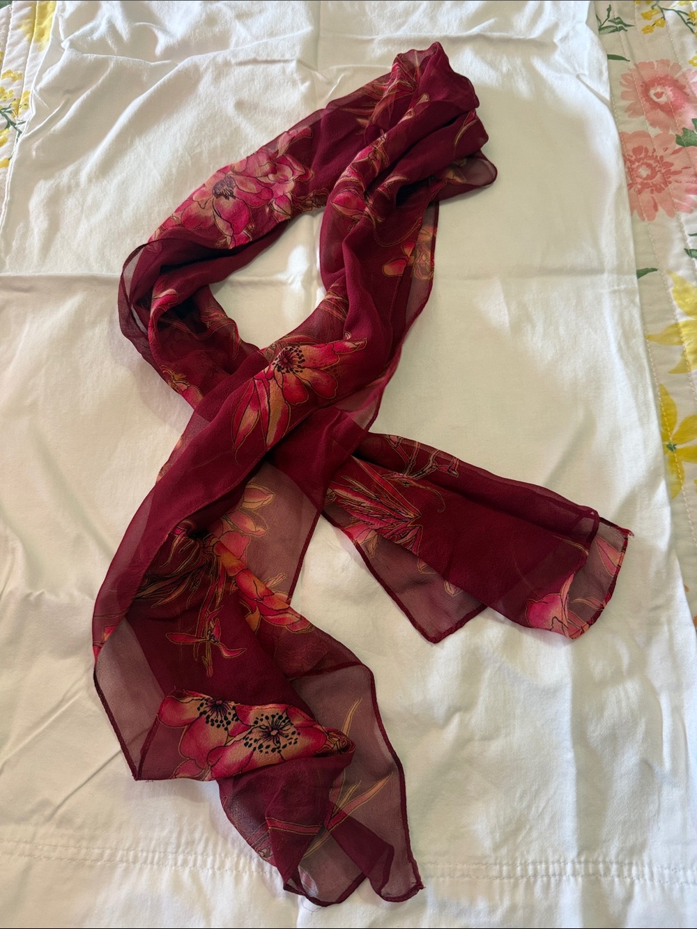 Women's Floral Sheer  silk Scarf - Burgundy